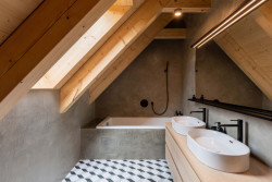 Důležitým materiálem pro rekonstrukci bylo dřevo, přiznané je v krovech. (Rodinný dům v Dehtárech, SP-AM)