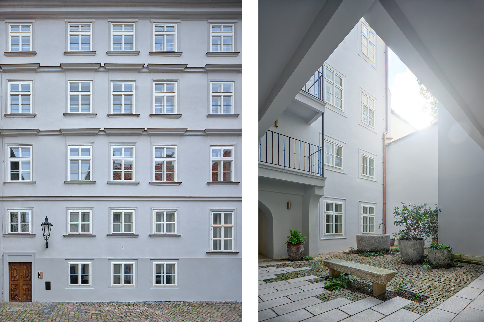 Hlavní fasáda domu se obrací směrem do Valdštejnského náměstí, naopak pavlačový trakt se orientuje do klidného dvora. (Rekonstrukce měšťanský dům na Valdštejnském náměstí, Formafatal)