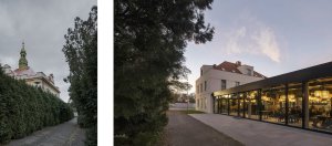 Villa Fitz Původní stav s tújemi a pohled z druhé strany po rekonstrukci 