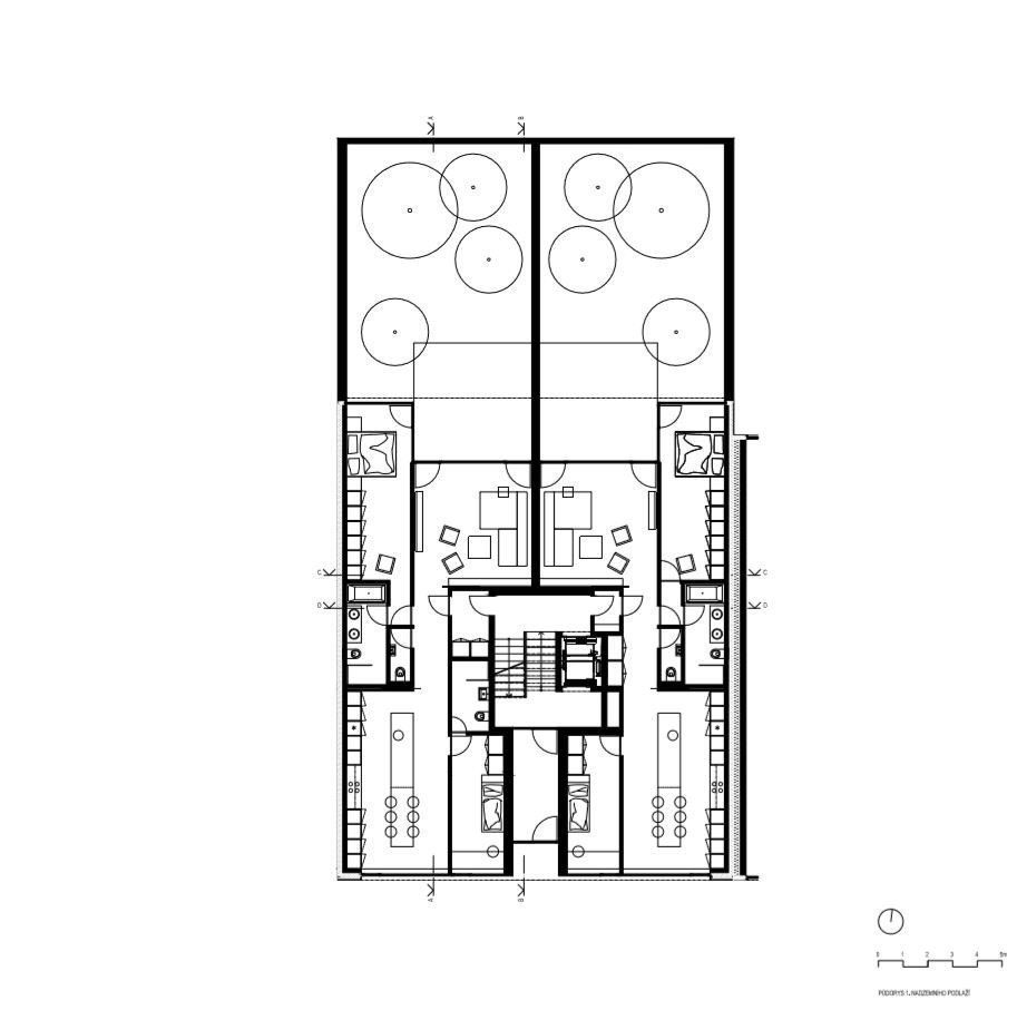 Bytový dům Kvítková, půdorys 1NP, Chládek architekti