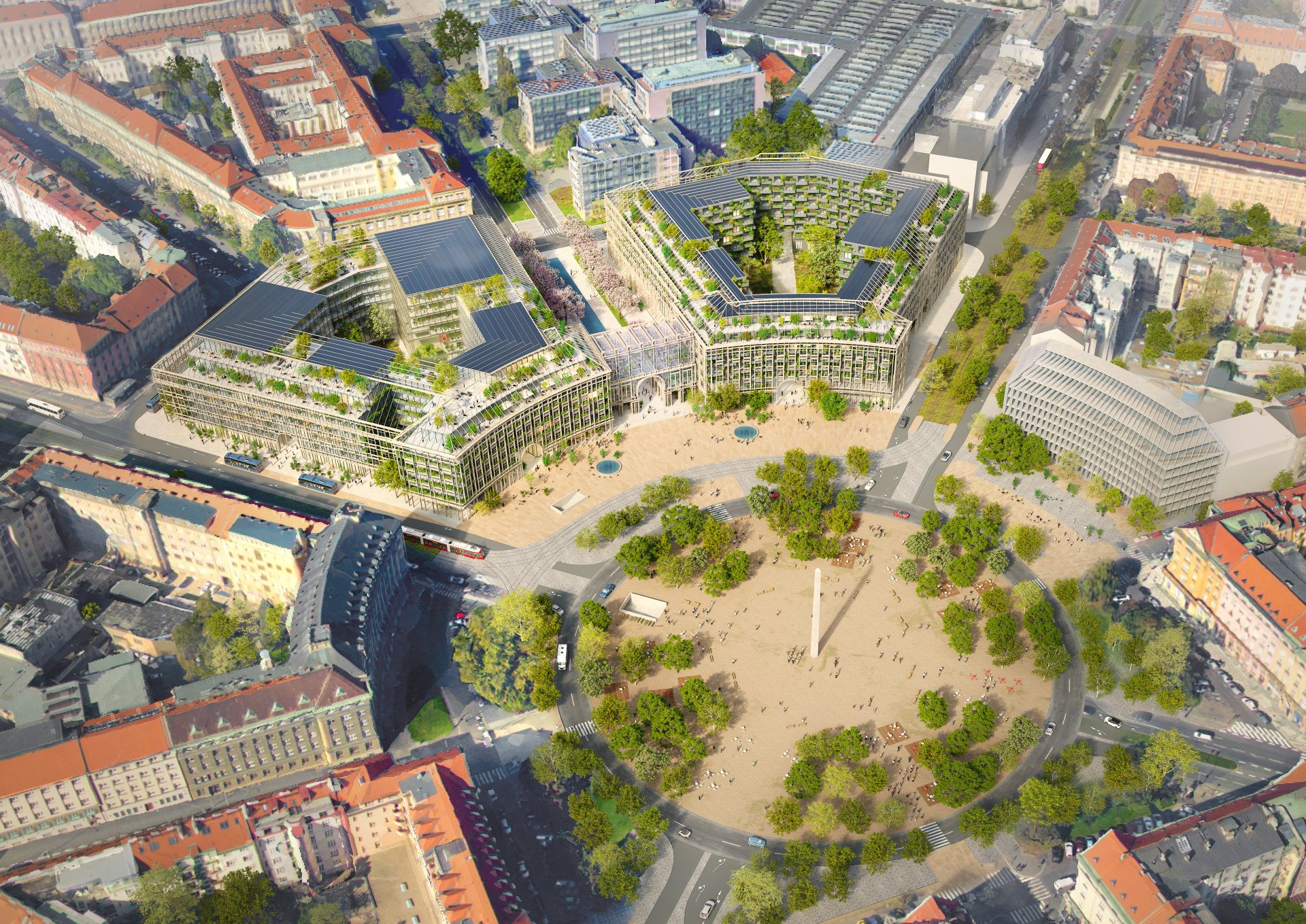 Finalista 1: MVRDV. Původní Engelův urbanismus hodlá  doplnit filigránskou výstavbou z nízkouhlíkového materiálu