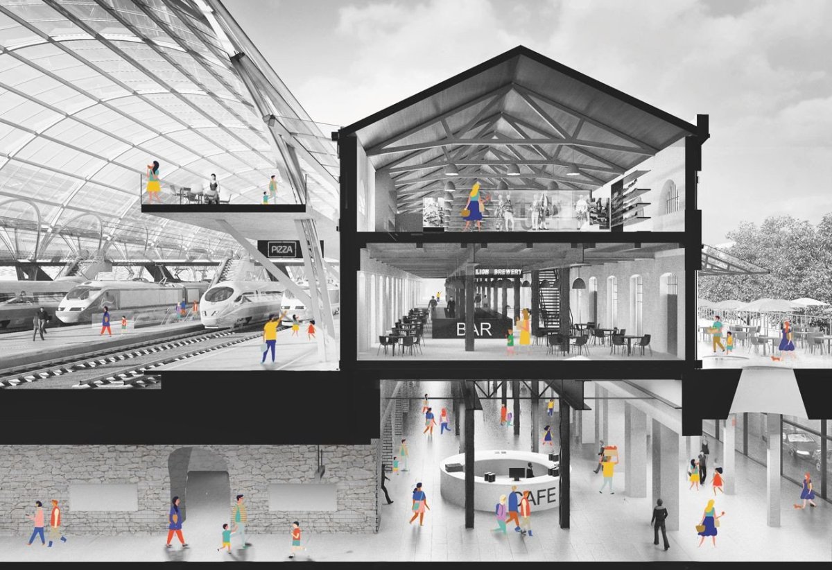 Budoucnost centra Brna, 3. místo: Atelier M1 architekti (CZ), Malá Amerika, řez rekonstruovanou budovou nádraží a návaznost na novou halu // finalista – foto