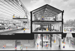 Budoucnost centra Brna, 3. místo: Atelier M1 architekti (CZ), Malá Amerika, řez rekonstruovanou budovou nádraží a návaznost na novou halu // finalista – foto