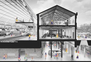 Budoucnost centra Brna, 3. místo: Atelier M1 architekti (CZ), Malá Amerika, řez rekonstruovanou budovou nádraží a návaznost na novou halu // finalista – foto