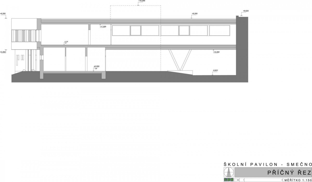 Pavilon ZŠ Smečno, LCArch s.r.o. - příčný řez