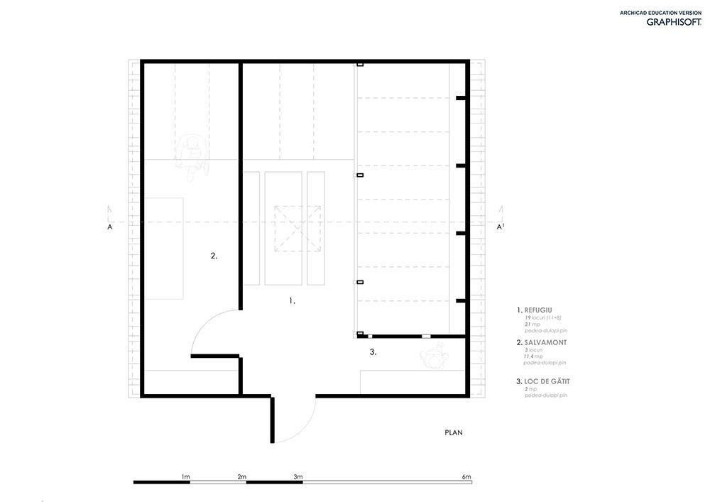 Archaeus, horská bouda a(l)titude, 1. NP, výkres