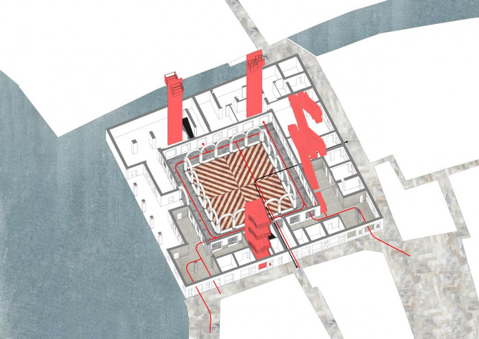 OMA, Fondaco dei Tedeschi, 1. NP, schéma pohybu – foto