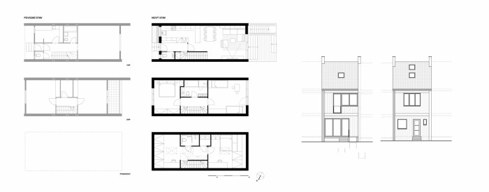 Řadový dům Solidarita, půdorysy a pohledy, Mooza architecture, zdroj : Mooza architecture