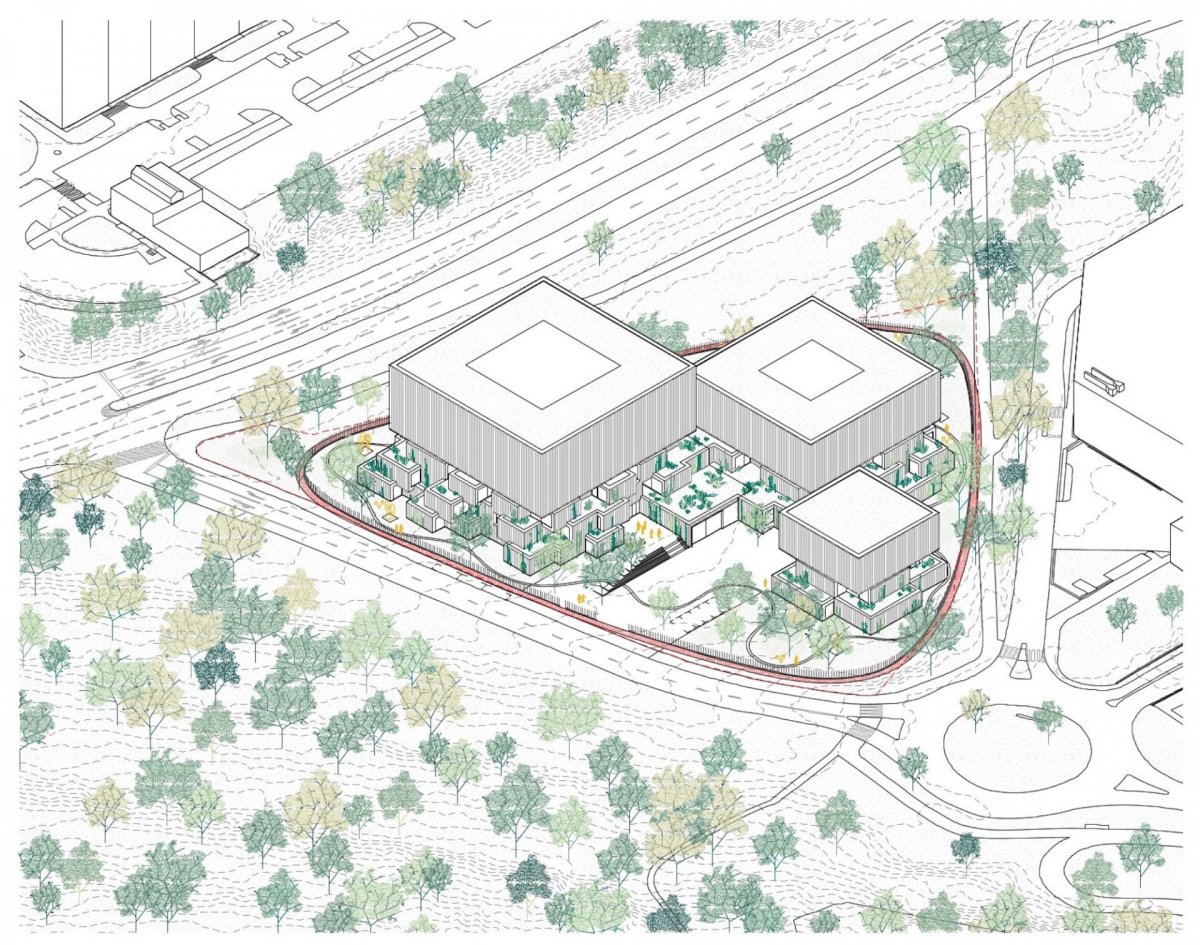 Vítězný návrh architektonického studia JIKA-CZ s.r.o. na depozitární komplex Národní galerie Praha, axonometrie