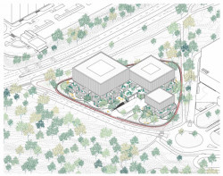 Vítězný návrh architektonického studia JIKA-CZ s.r.o. na depozitární komplex Národní galerie Praha, axonometrie