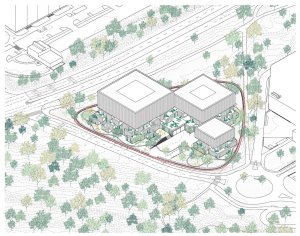 Vítězný návrh architektonického studia JIKA-CZ s.r.o. na depozitární komplex Národní galerie Praha, axonometrie