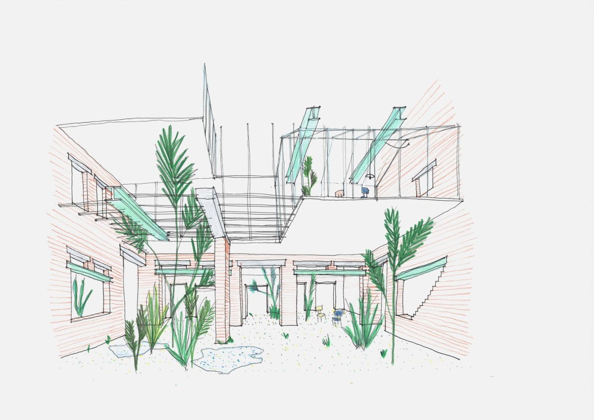 Přestavba psychiatrické léčebny PC Carritas v Belgii, Architecten de vylder vinck taillieu, skica