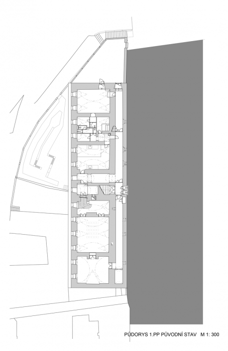 AP ATELIER, Revitalizace zámeckého návrší v Litomyšli, půdorys 1. PP, původní stav – foto