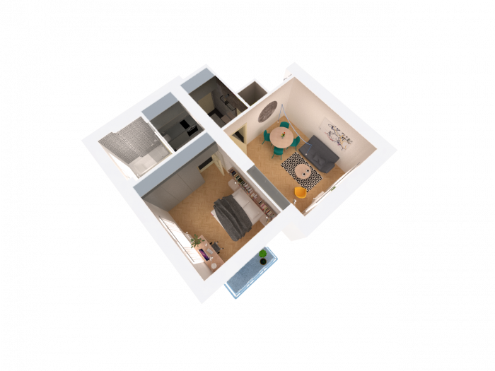 0,5 Studio, Nájemní byt Kačerov II, dispozice, axonometrie – foto