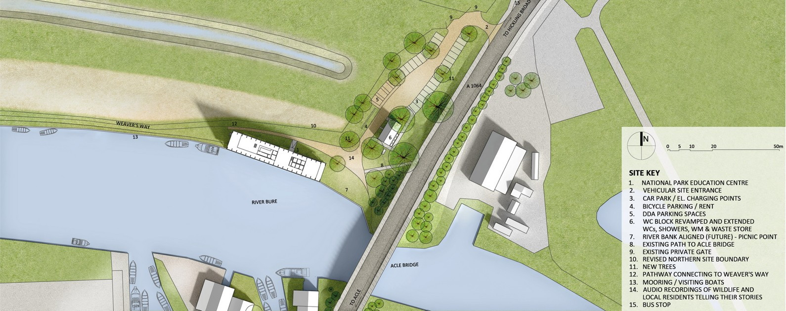 Návštěvnické a vzdělávací centrum Acle Bridge, situace, FAM Architekti, Feilden+Mawson