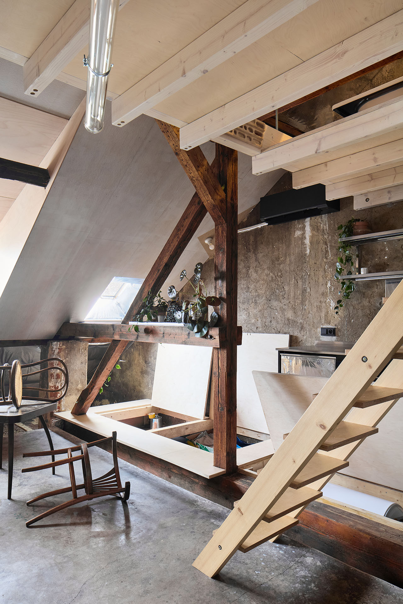 Zrekonstruovaný prostor používá architekt vystupující pod značkou svého studia totalbrut. (Rekonstrukce podkroví, totalbrutal a svobodová blaha)