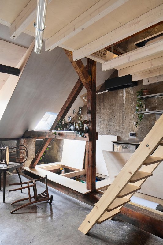 Zrekonstruovaný prostor používá architekt vystupující pod značkou svého studia totalbrut. (Rekonstrukce podkroví, totalbrutal a svobodová blaha)