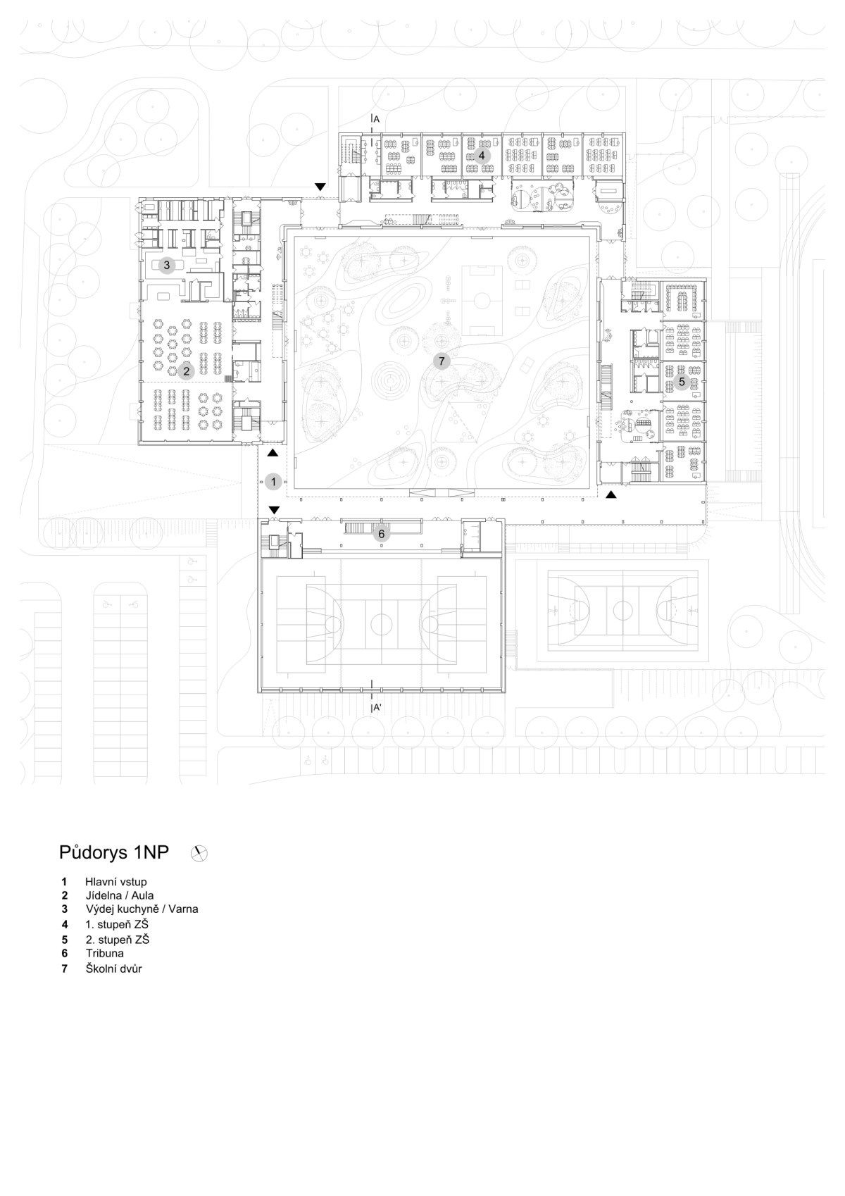 Půdorys 1NP (Nová škola LOŠBATES; SOA architekti)