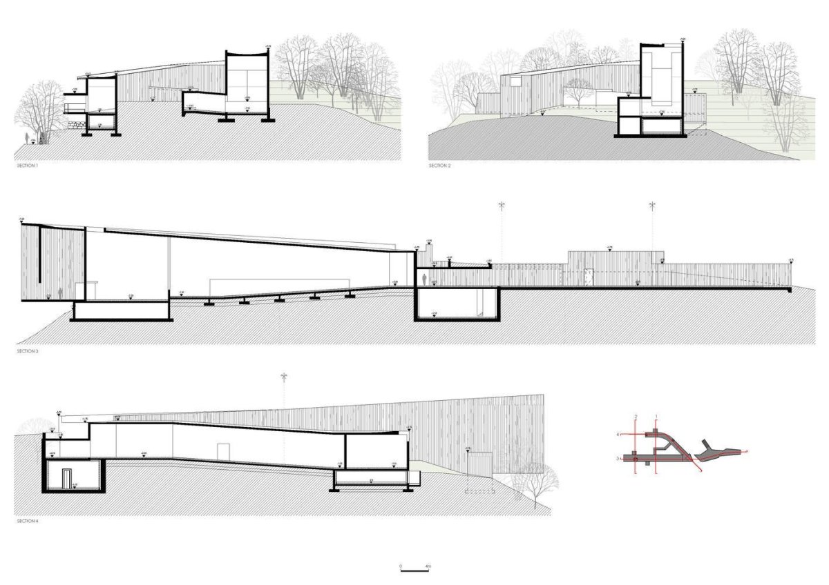 Saya Park, řezy uměleckým pavilonem, Alváro Siza, Carlos Castanheira