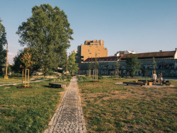 Z estetického pohledu to park dělá industriálně hrubý. Což se ale hodí k jeho lokalitě. (Park U Vody v Praze-Holešovicích, YYYY)