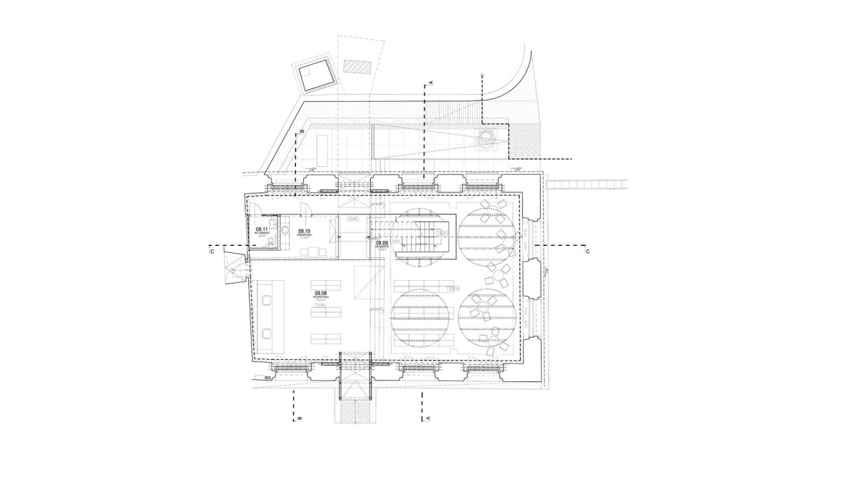 Půdorys 1. NP (Port 1560, Domy Architects)