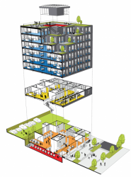 Martin Čeněk, Dalibor Hlaváček, Ludvík Holub a Zuzana Kučerová, Nová radnice pro Prahu 7, axonometrie // 3. místo – foto