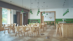 Veškerý autorský nábytek je vyroben truhláři za použití tradičních nábytkářských postupů a zvolen pro něj byl – stejně jako pro podlahu – světlý dub. (Lidový dům Zaječov, IO Studio)