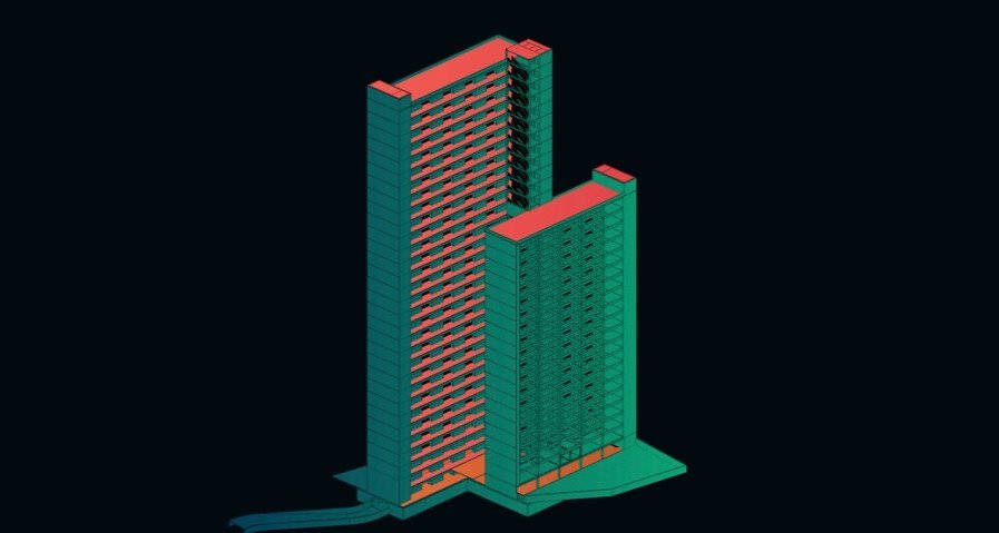 Návrh studentského bydlení v Holešovicích, 3D model, Jaroslav Novotný.