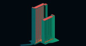 Návrh studentského bydlení v Holešovicích, 3D model, Jaroslav Novotný.