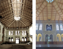 Hlavní sál jízdárny s dochovaných krovem a tzv. lucernou - světlíkem, který zajišťoval světlo a odvětrávání (rok 1996); opačný pohled - na knížecí lóži (rok 2025)