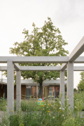 Součástí dvora je vzrostlý dub, který se při stavbě nesměl pokácet, bylo to přání investora. (Rodinný dům v Záhorských sadech, ČECHVALA ARCHITECTS)