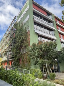Na fasádě je použitý trapézový plech, to je odkaz na průmyslovou minulost objektu. (Konverze skladu vína na komunitní bydlení; Esch Sintzel Architekten)