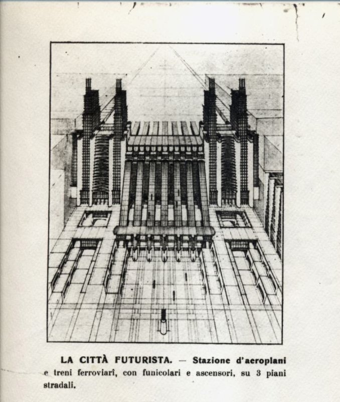 Antonio Sant’Elia: Nové město, 1914 (letištní a železniční stanice na třech úrovních s lanovkami a výtahy)