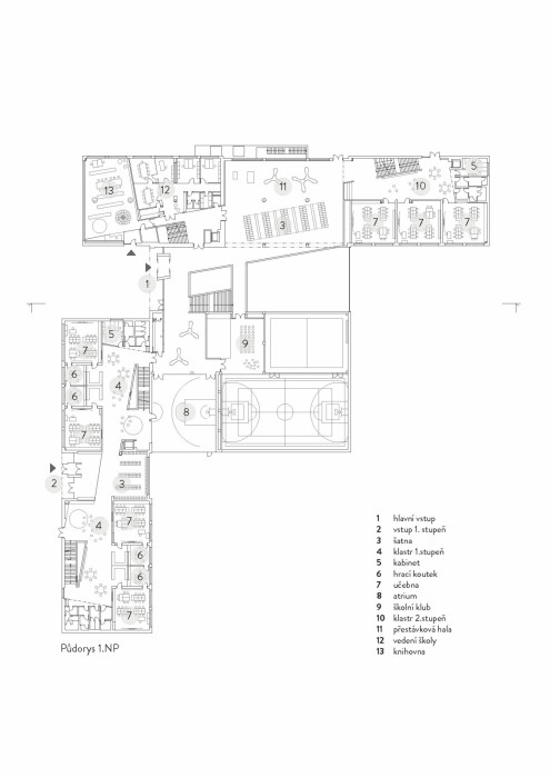 Základní škola Amos pro Psáry a Dolní Jirčany, SOA architekti, půdorys 1NP