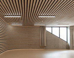 Podlaha je z dřevěných palubovek, také strop je pokrytý dřevěným obkladem. Veškeré zdi haly jsou obložené akustickými dřevěnými latěmi, pod kterými se schovává tlumivý absorbér. (Hala Řevnice, Grido)