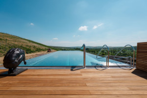 Nachází se tady bazén, v němž se dá plavat a rozhlížet se do krajiny. (ARTEVINI Resort & Winery u Velkých Pavlovic; znamení čtyř – architekti)