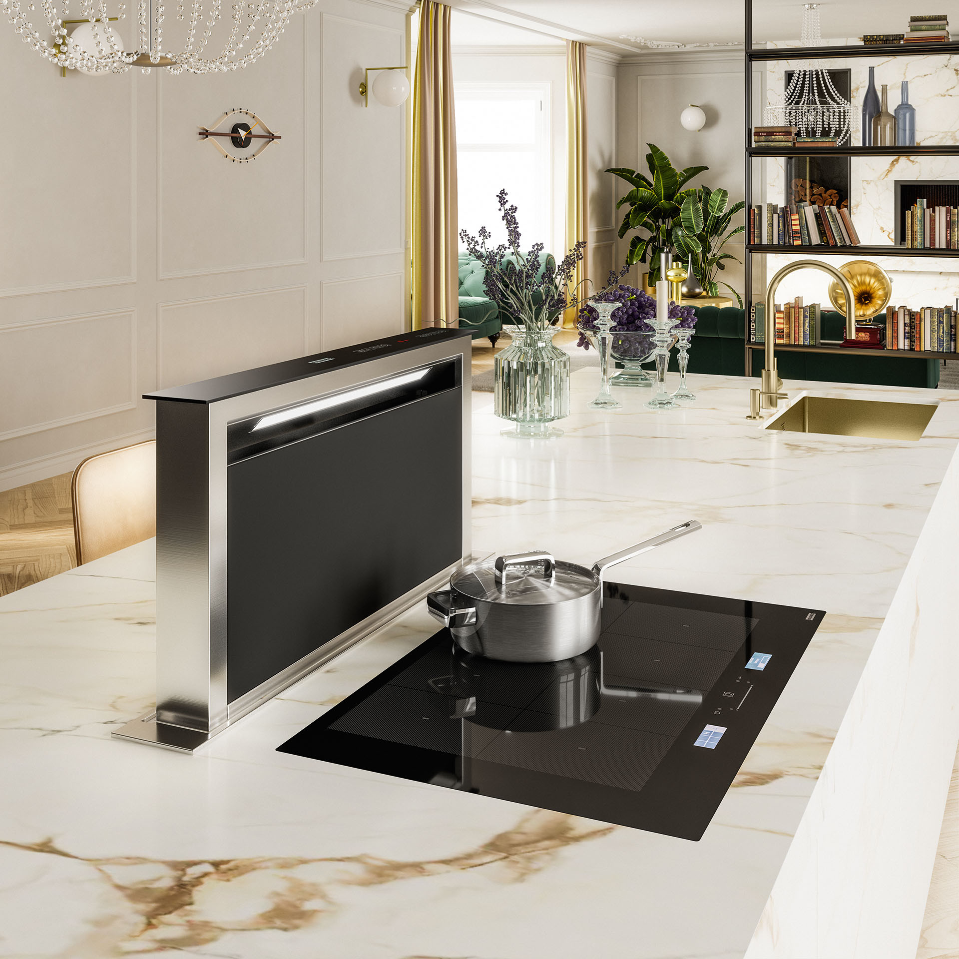 Downdraft - vestavný výsuvný odsavač par, montáž do pracovní desky, černé sklo v kombinaci s nerezem