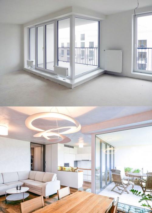 SENAA, Interiér bytu v Brně, obývací pokoj a kuchyně, srovnání původního a nového stavu – foto