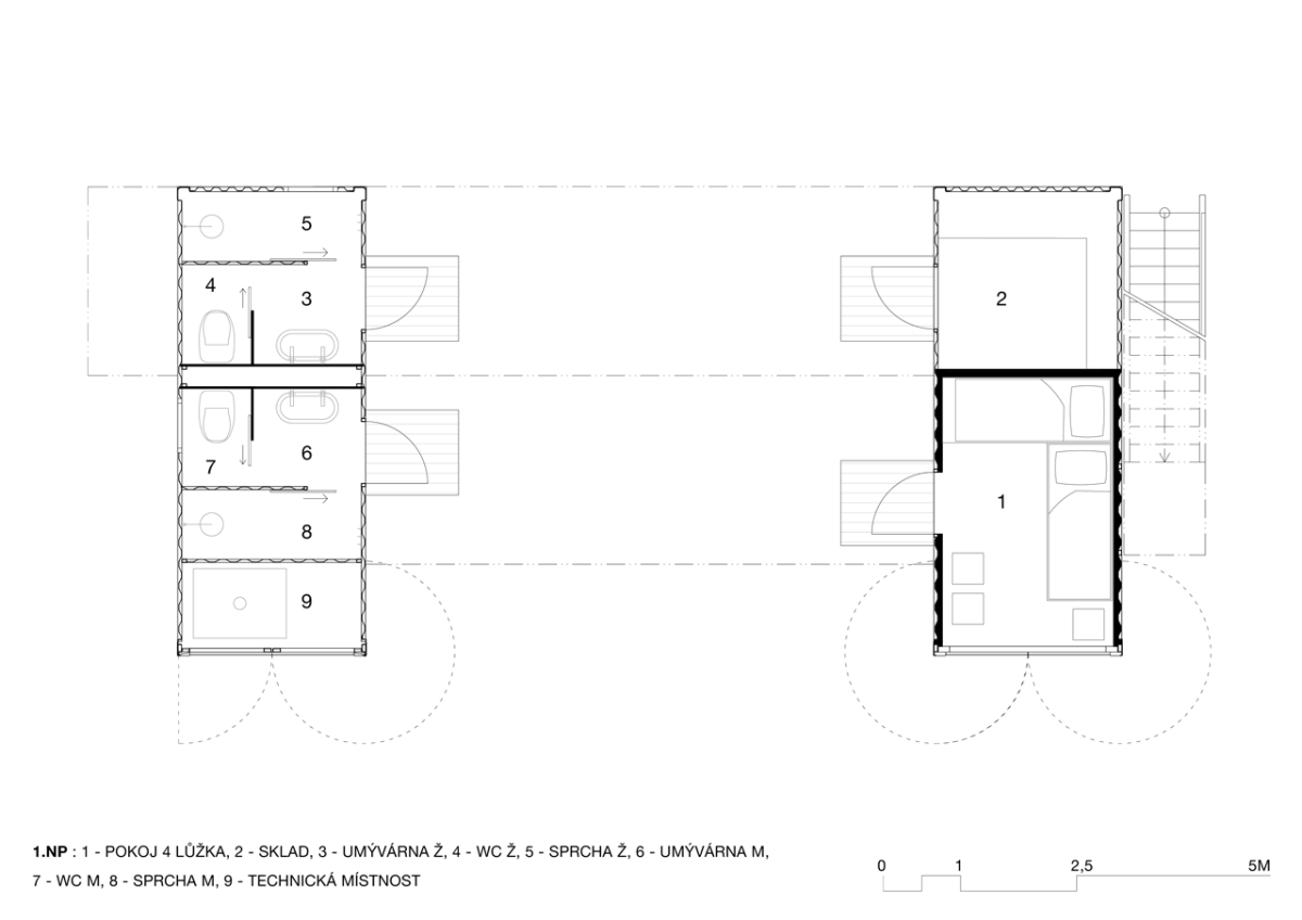 ARTIKUL architekti, ContainHotel, půdorys 1. NP