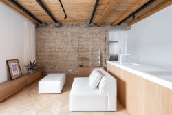 Z vybavení je zde jen to nejnutnější, táhlý kuchyňský ostrůvek, nízká skříňka při stěně nebo knihovna.