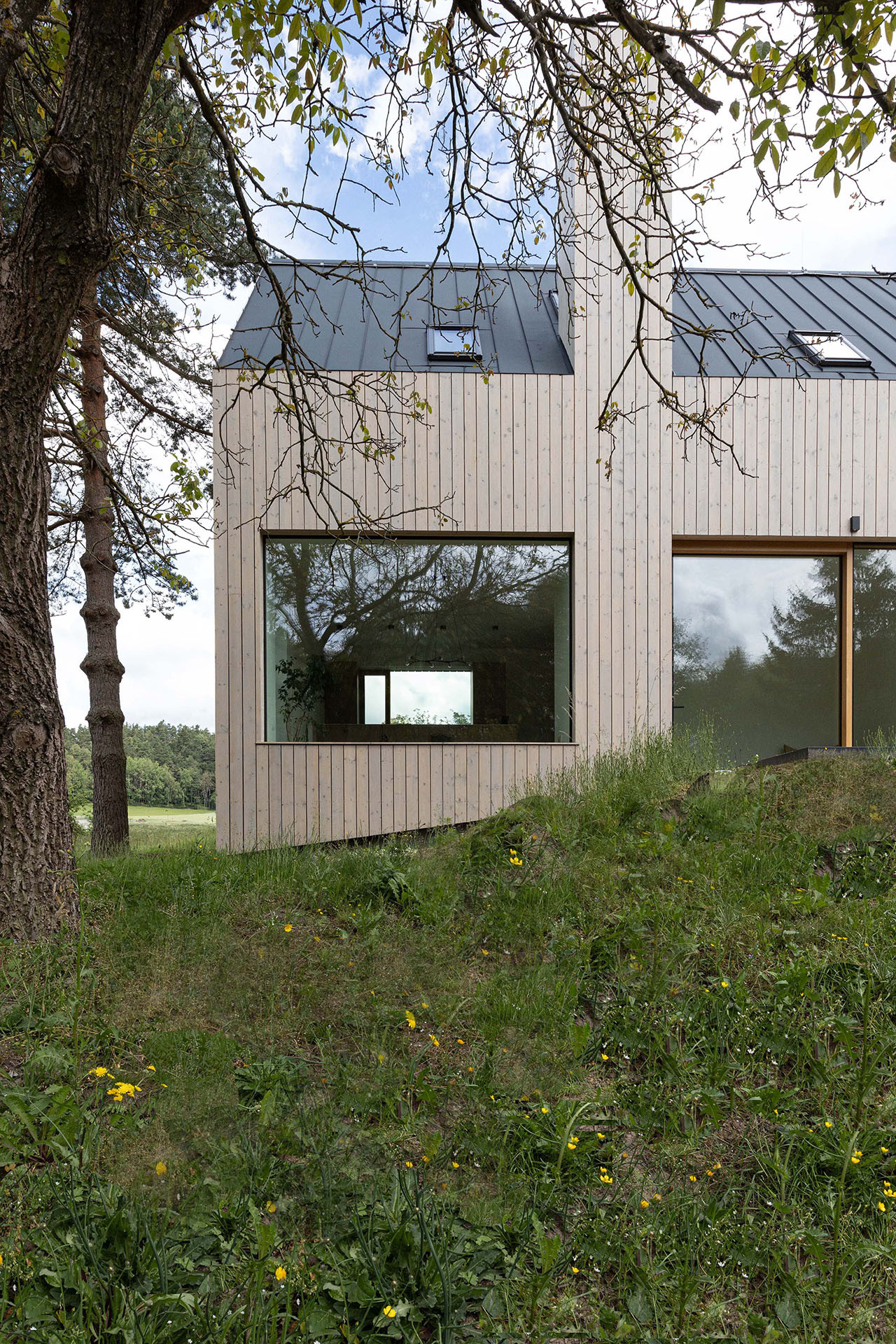 Ven se přístavba otevírá velkoformátovými okny. (Rodinný dům v Dehtárech, SP-AM)