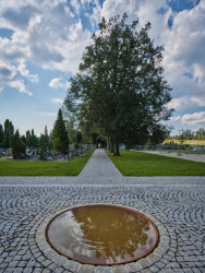 Vodní prvek v zadní části hřbitova symbolicky zrcadlí oblohu. (Poslední místo, mjölk architekti)