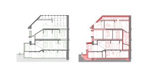 Řez podélný (Rekonstrukce vily na Vinohradech; Atelier Hajný)