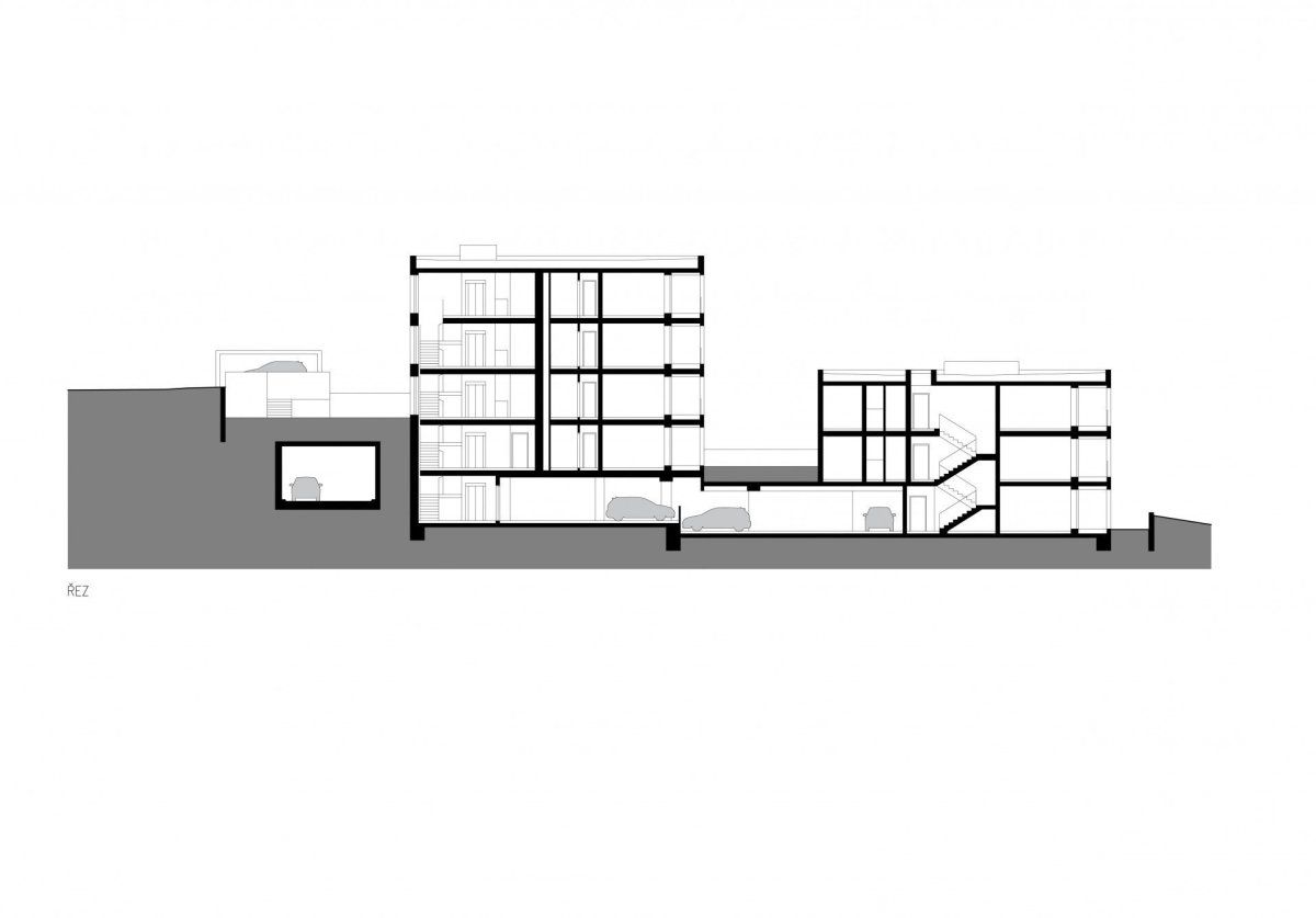 Čtyři domy v jednom, řez, Kuba & Pilař architekti