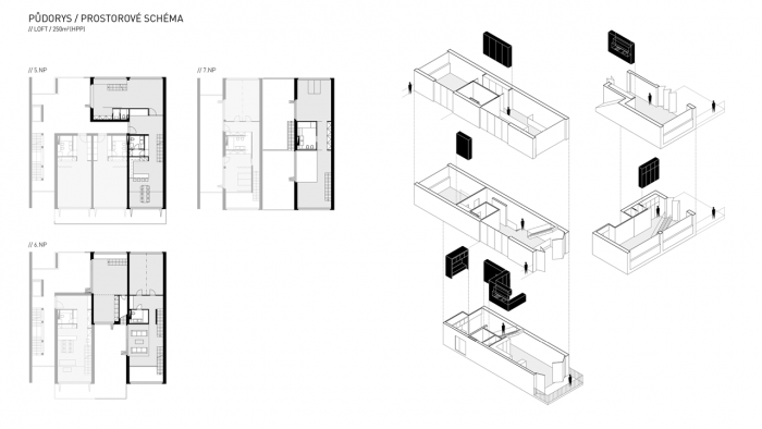 Lukáš Erban, Dům ve městě, půdorys a prostorové schéma loftu - foto