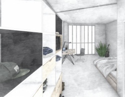 Návrh studentského bydlení v Holešovicích, skica, Eliška Ptáčková.