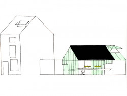 Koncepční schéma posuvné střechy domu pro umělkyni v Gentu, architecten de vylder vinck taillieu.