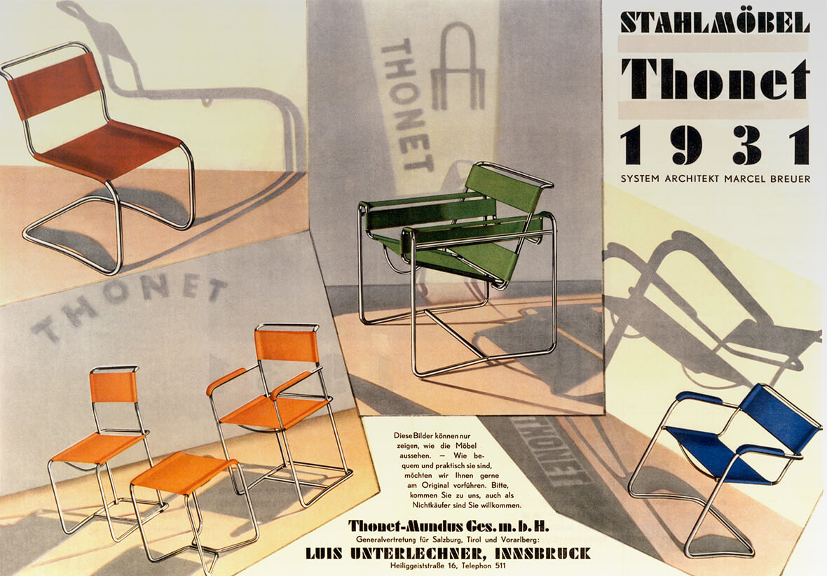 Reklamní leták k výrobkům značky Thonet před rokem 1932 – autorem židlí je Marcel Breuer