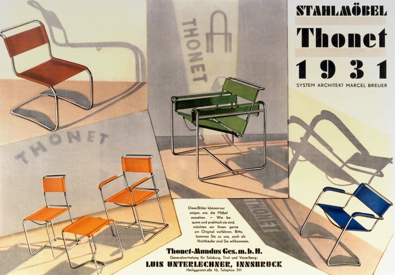 Reklamní leták k výrobkům značky Thonet před rokem 1932 – autorem židlí je Marcel Breuer