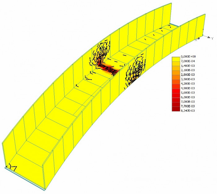 Lávka přes Dřetovický potok, Aoc architekti + Kloknerův ústav ČVUT v Praze (Ondřej Císler a Petr Tej), trhliny těsně před selháním konstrukce